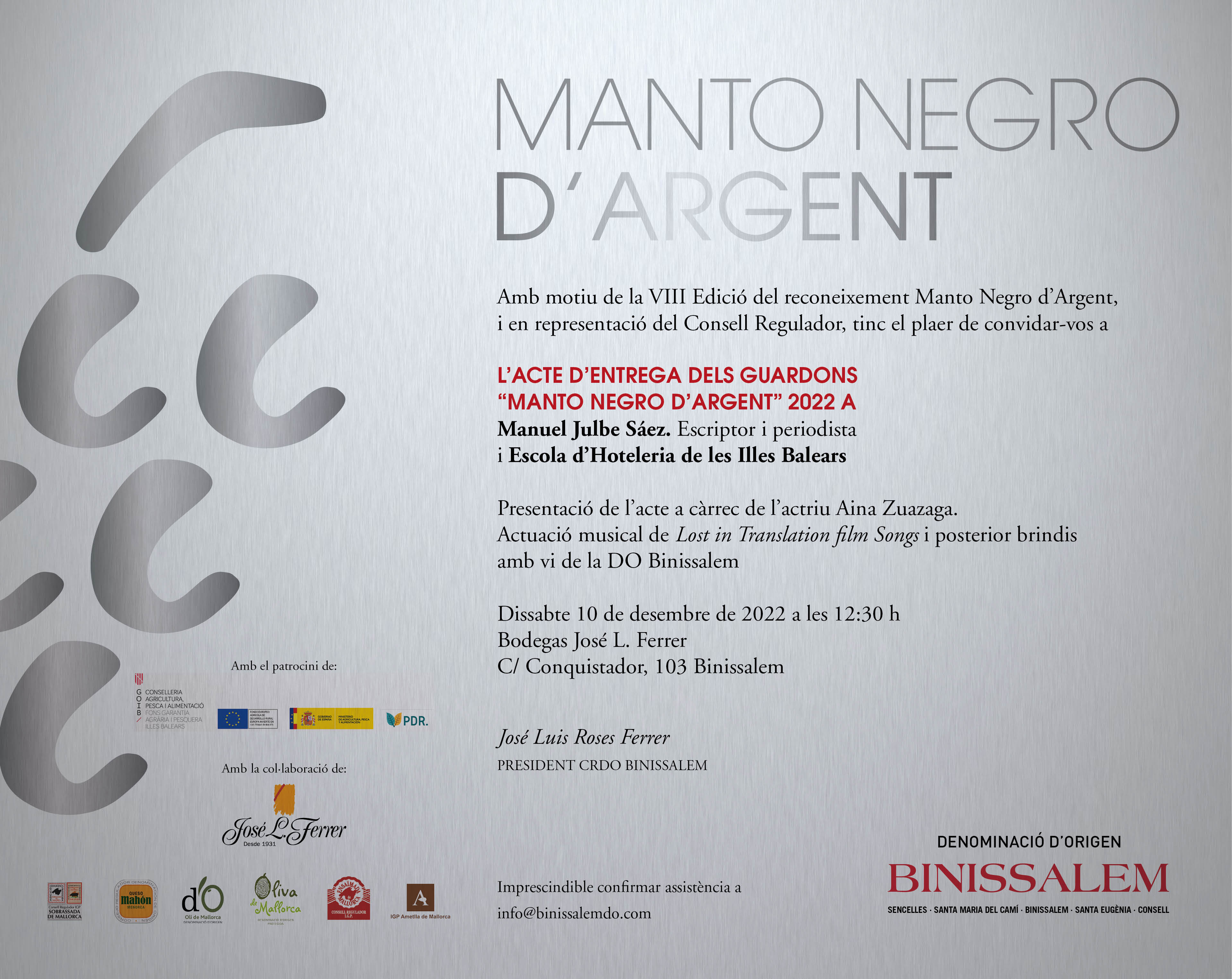 Convidada "Manto Negro d´Argent" - Entrega de premis - Agenda desdeveniments - Illes Balears - Productes agroalimentaris, denominacions d'origen i gastronomia balear